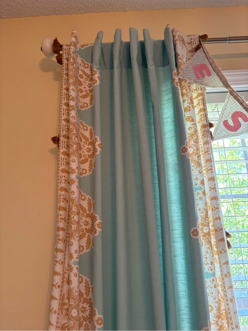 2 Anthropologie Curtain Panels - Tiya - Mint and Mustard with tassels